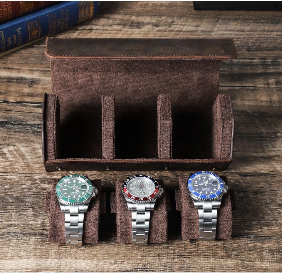 Genuine Leather Watch Roll Travel Case (Hexagon 3 slots)