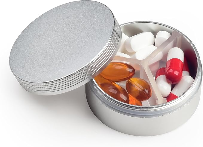 Small Pill Case 3 Compartments, Metal Round Portable Pill Box, Waterproof by LightOnIt