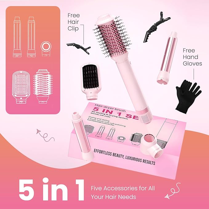Blow Dryer Brush Set 5 in 1 with Curling Barrels, Volumizing Round & Straightening Brush, Hot Air Hair Styler Multi Styler for Blowouts, Travel Friendly, Pink – AURA LUXE