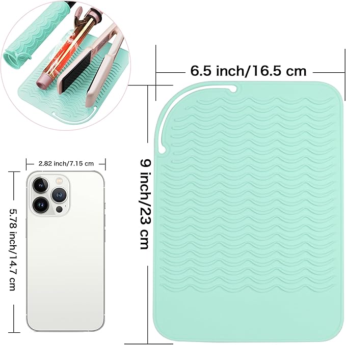 Heysam Professional Heat Resistant Mat Silicone Pad for Flat Iron Hair Straightener Mat, Portable Hot Tools Cover Pad for Vanity Salon, 9"x6.5" Non-Slip Heat Mat Cover for Countertop, Green