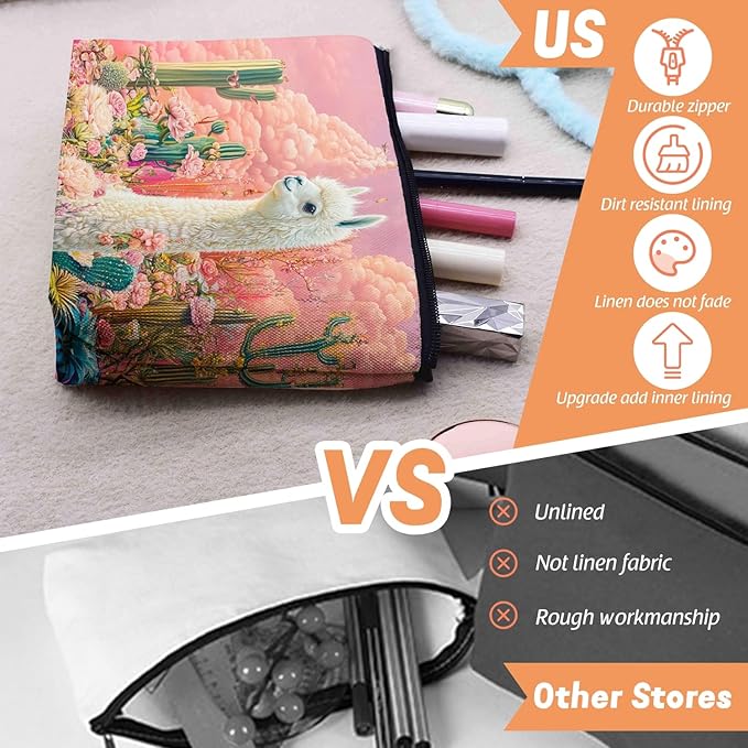 Cosmetic Bags Travel Makeup Toilet Case Waterproof Pouch for Women Girls 6.7X9.45inches - White Alpaca Stand BetweenFlowers And Cacti