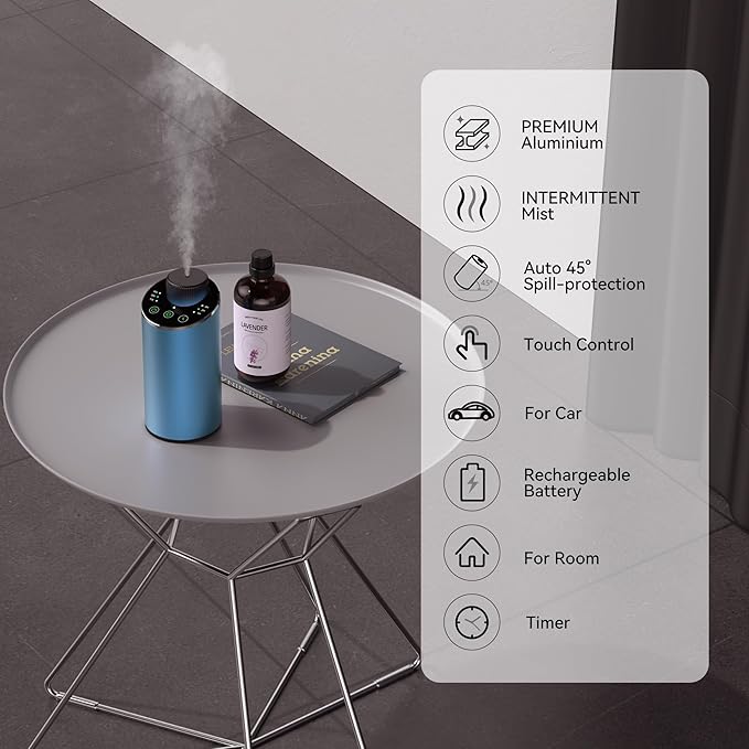 Waterless Essential Oil Diffuser Scent Aromatherapy Diffusers for Home Large Room, Car, Office, Portable Battery Operated Cordless Air Freshener, 4 Timers & 3 Mist Levels, 100ml Capacity (Blue)