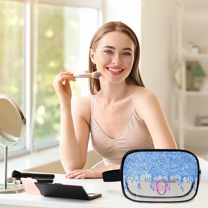 Personalized Travel Transparent Cosmetic Bag Waterproof Makeup Bags, Custom Name Light Sky Blue Curtain Glittering Romantic Organizer Case Clear Toiletries Container Bag