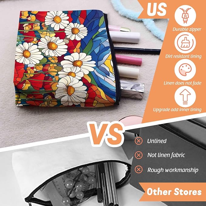 Cosmetic Bags Travel Makeup Toilet Case Waterproof Pouch for Women Girls 6.7X9.45inches - Stained - Glass Style Landscape With Daisies And Poppies
