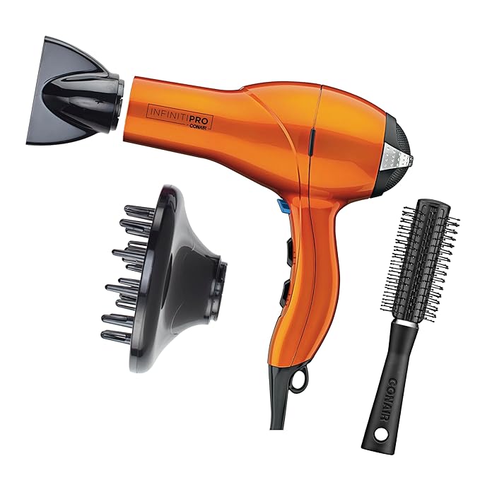 Infiniti PRO CONAIR Hair Dryer with Diffuser, Professional AC Motor, Tourmaline Ceramic Technology Blow Dryer, Includes Concentrator and Blowout Brush, Amazon Exclusive, Orange