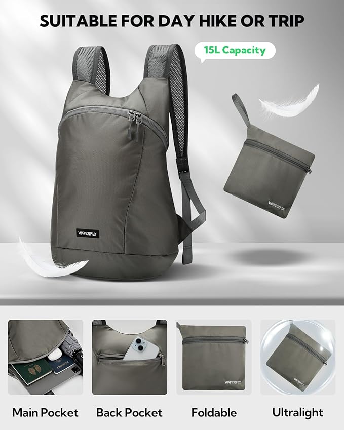WATERFLY Foldable Lightweight Hiking Backpack: 15L Packable Traveling Daypack - Image 3