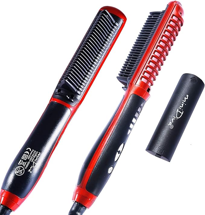 Minidiva 2-in-1 Hair Curler and Straightener with Anti-Scald, 30s Fast Ceramic Heating, 6 Heat Levels, Auto Off, 360 Swivel Cord Portable Hot Hair Straightener Brush for Home, Travel (Red)