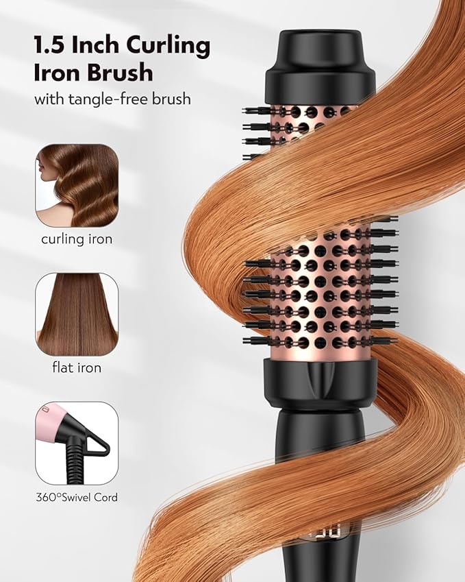 Thermal Round Brush, 1.5 inch Blowout Brush with Ceramic Barrel & Negative Ions Tech Makes Hair Smoother Get Natural Curls, Heated Styler Tool for All Hair Type, Dual Voltage