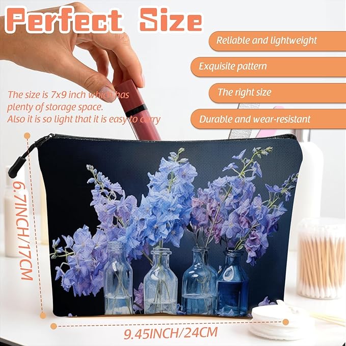 Cosmetic Bags Travel Makeup Toilet Case Waterproof Pouch for Women Girls 6.7X9.45inches - Still - Life of Blue - Purple Flowers in Glass Bottles