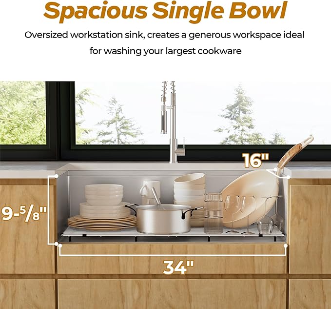 36 Inch Workstation Kitchen Sink, TECASA Undermount Deep Single Bowl, 16 Gauge - Image 3