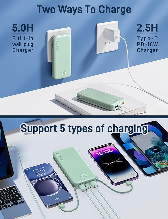 Portable Charger with Built in Cable and AC Wall Plug, USB C Power Bank - Image 5