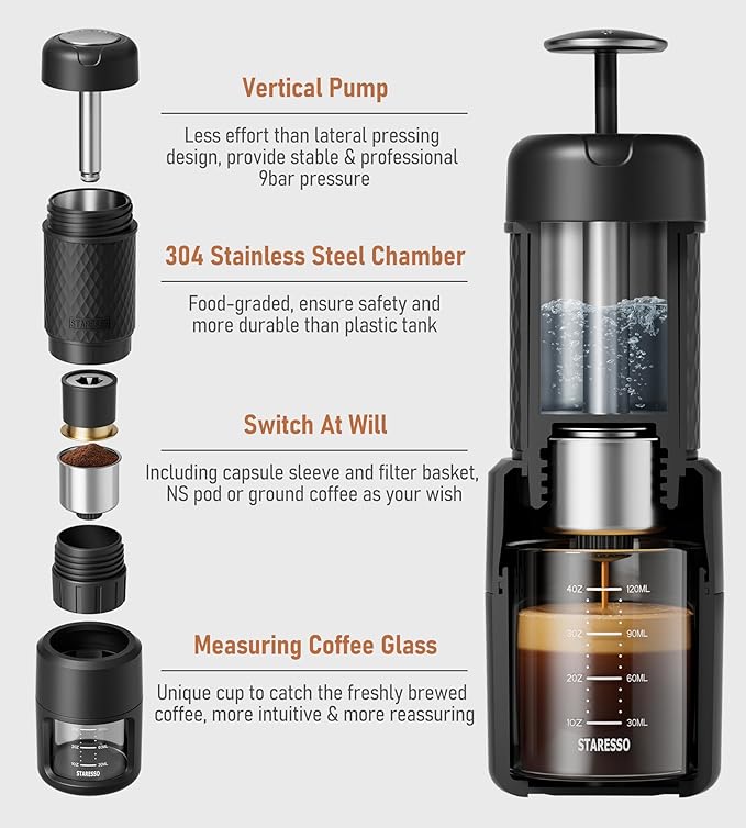 STARESSO Classic Portable Espresso Maker, 2 IN 1 Travel Coffee Maker Compatible - Image 4