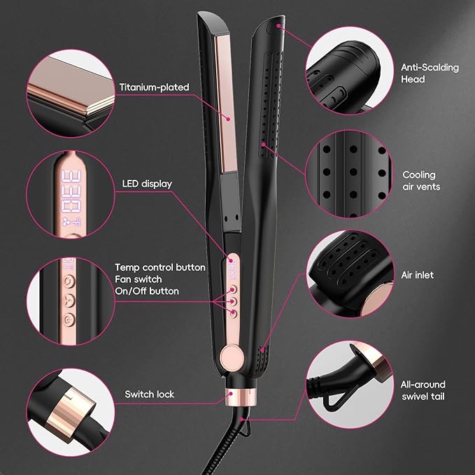 SKIMI Airflow Styler, Titanium Flat Iron Hair Straightener, Professional Curling Iron with Cooling Air Vents to Lock in Style, 5 Temps & Dual Voltage, Auto Off (Black & Blush Gold).