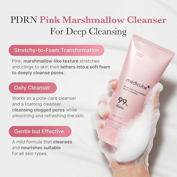 medicube Hydrating & Soothing PDRN Set: PDRN Marshmallow Whip Cleanser and Salmon Pink Collagen Capsule Cream, Face Moisturizer