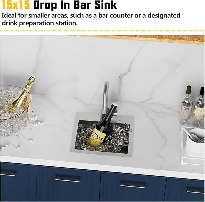 Small Kitchen Sink, 15x15 Inch Bar Sink Stainless Steel Drop In Small Kitchen - Image 2