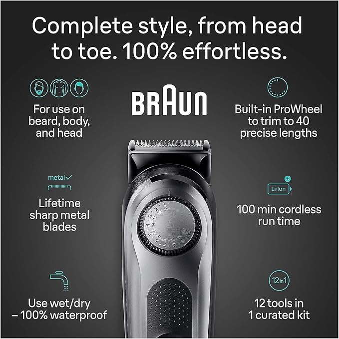 Braun All-in-One Men's Shaving Kit Series 7 7440, 12-in-1 Beard, Face, Nose, Ear Trimmer, Hair Clippers, Body Groomer and Manscaping + Travel Case + Charging Stand, Holiday Gifts for Men