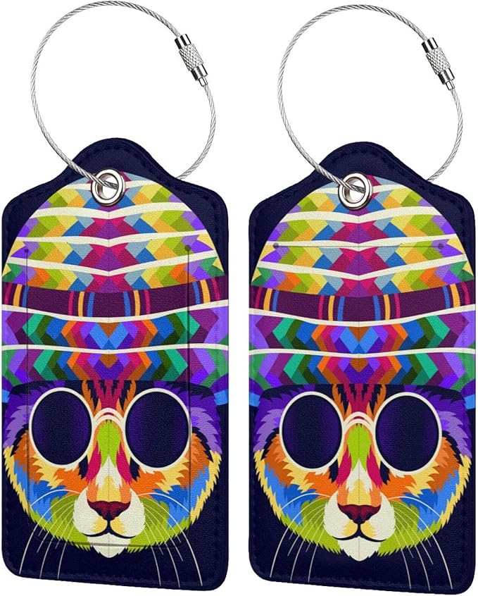 Artistic Cat with Glasses Leather Luggage Tags, 2 Pack, 4.6 X 2.7 Inch by OUZPGAQ