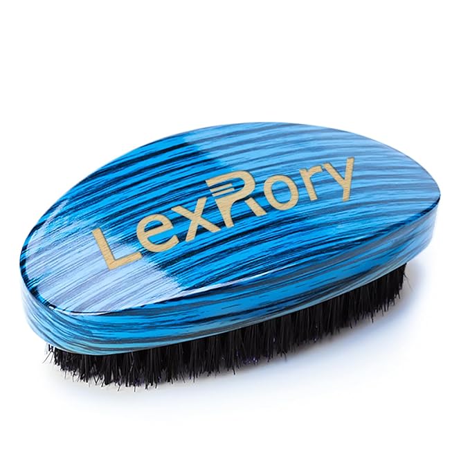 Curved Wave Brush for Men 360 - Medium Hard Palm Hair Brushes with Boar Bristles for Black Hair Wavers to Creating 360 Waves (Stripes Blue)