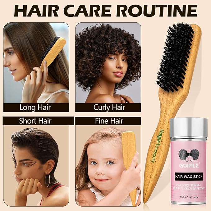 Slick Back Hair Brush & Wax Stick Set for Slick Back Hair – Teasing Boar Bristle Hair Brush for Sleek, Control, Flyaways & Baby Hairs – Wax Stick for Women Sectioning & Smoothing Ponytail Bun