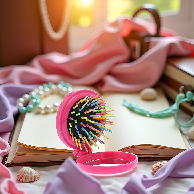 Pink Women Mini Round Folding Comb With Mirror Compact Travel Hairbrush Pop Up Brush Decor Candy-Colored Clamshell Airbag Comb Hair Brushes Styling Tools Appliances
