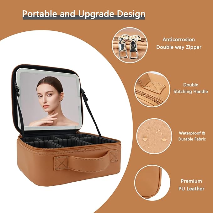 Makeup Bag with Led Mirror, Travel Makeup Organizer with 3 Color Setting - Image 4