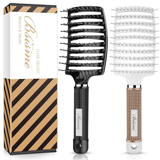 Hair Brush Set, Curved Vented Detangling Hair Brushes for Women Men Kids, Professional Vent Styling Brush for Wet Dry Curly Thick Straight Hair Fast Blow Drying Brush (Black+ White)