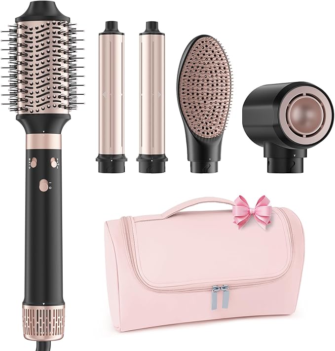 MESCOMB Dual Voltage Hot Air Styler Wrap - 5 in 1 Hair Dryer Brush with Fast Drying Blow Dryer, Styling, Straightening & Volumizing with Travel Bag (100V–240V) -Black + Pink