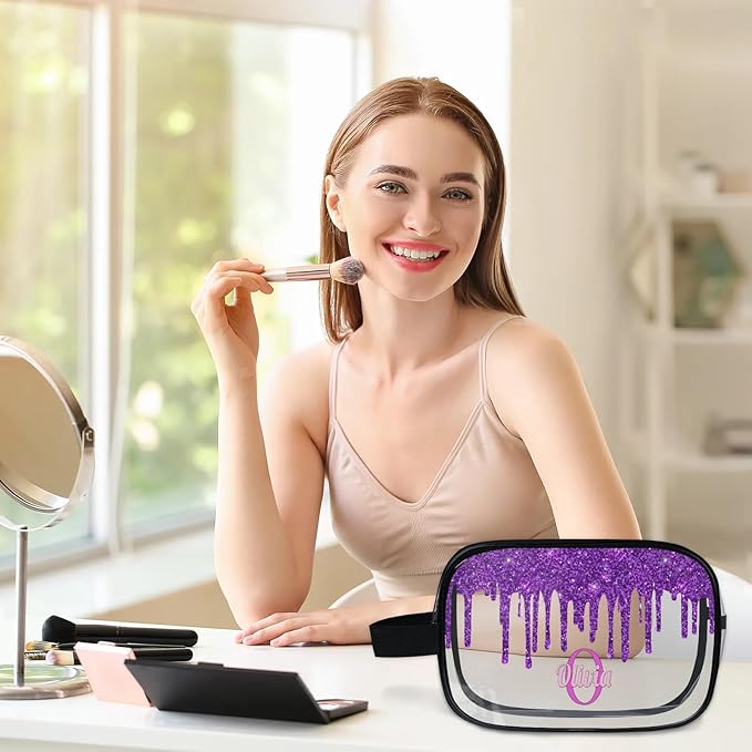 Personalized Transparent Makeup Bag with Name, Travel Clear Cosmetic Bag for Women, Friends, Mother's Day, Bridesmaid, Bride, Wedding, Graduation, Deep Purple Sequins Fluid Shape