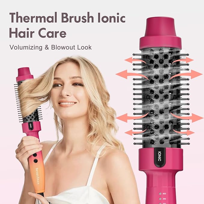 Thermal Brush, Blowout Long Lasting Look Curling Brush, 30s Fast Heated Round Brushes 1.5" Makes Hair Smoother Get Natural Curls, 5 Temp Settings, Universal Voltage for Travel, Easy to Use, Red Orange