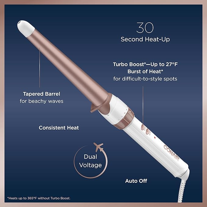 Conair Double Ceramic Tapered Curling Wand,Hair Wand Tapers 1¼ Inch to ¾ Inch to Produce Beachy Waves,30 Heat Settings,for All Hair Types and Textures,White,(Pack of 3)
