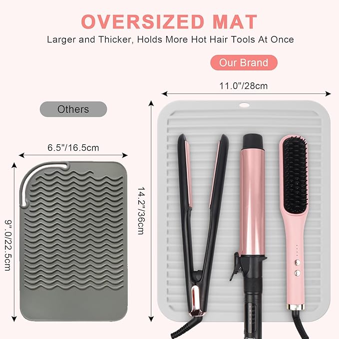 Oversize Silicone Heat Resistant Mat, Professional Hot Hair Tools Mat for Curling Iron, Flat Iron, Hair Straightener, Portable Hot Pad Cover with Velcro for Travel Home Salon(14.2" x 11.0")
