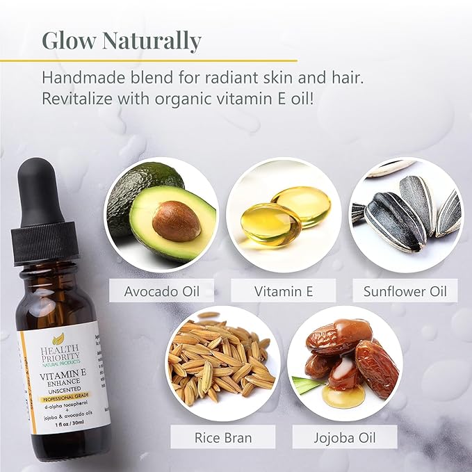 Health Priority Naturals|Organic Vitamin E Oil for Skin - Jojoba, Avocado Oil - Unscented, Handcrafted for Face/Hair, Non-GMO, No Gluten, 30000 IU, 1 Fl oz