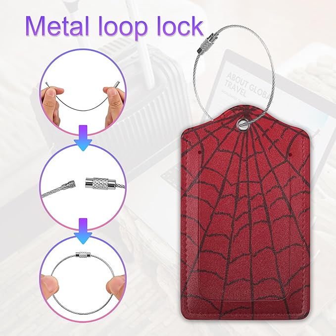 2 Pack Leather Luggage Tag for Suitcase Spider Web Cool Red Black Unique Travel - Image 4