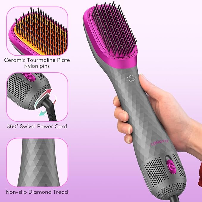 Longyu 3 in 1 Hair Dryer Brush Straightener 1200W Negative Ionic Hot Air Brush One Step Blow Dryer and Styler for Straightening Drying Smoothing (Gray)