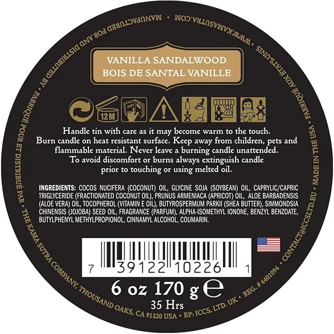 Kama Sutra Ignite Massage Candle Vanilla Sandalwood, 6 Ounce