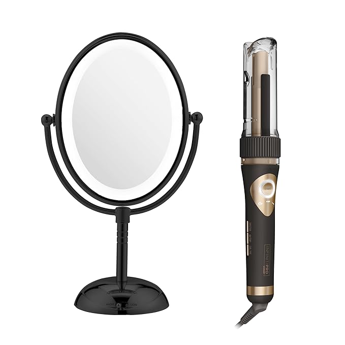 Conair Limited Edition Bundle | INFINITIPRO by CONAIR Curl Secret Automatic Curling Iron in 3/4-inch Barrel - and - Conair Lighted Makeup Mirror | Black | Amazon Exclusive