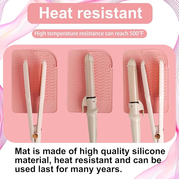 Flat Iron Heat Resistant Silicone Mat for Curling Iron, Hair Straightener Heat Pad, Curling Iron Sleeve, Travel Case Heat Resistant and Other Hair Styling Tools, for Counter, 9 x 6.5 in, Pink