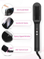 Hair Straightener Brush with Air Vents, ABVOT All in 1 Hot Air Straightening Comb for Black Women, Dual Voltage, Auto Shut Off, Anti Scald Shell, Fast Heat Up, for Curly Hair | Black