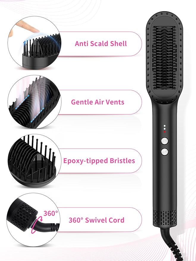 Hair Straightener Brush with Air Vents, ABVOT All in 1 Hot Air Straightening Comb for Black Women, Dual Voltage, Auto Shut Off, Anti Scald Shell, Fast Heat Up, for Curly Hair | Black