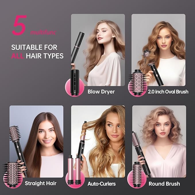 SKIMI 110,000 RPM Brushless Motor Hair Dryer Brush - 5 Muti-Styler for Fast Drying, Curling, Volumizing & Straightening | High-Speed Hot Air Brush for All Hair Types(Black & Blush Red)