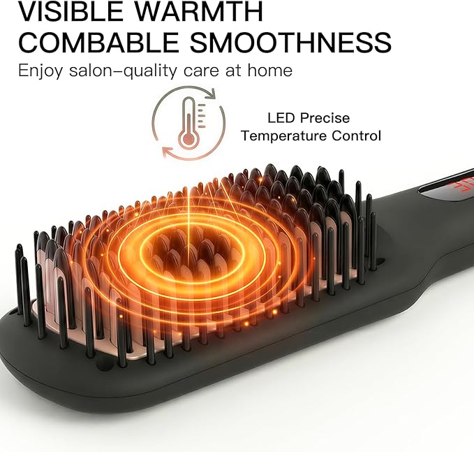 MEGAWISE Pro Ceramic Ionic Hair Straightener Brush for Home Salon | MCH Fast 20s Heating Tech with Auto-Off Safety | Anti-Scald with Universal Dual Voltage | Rotatable Power Cord (Black)