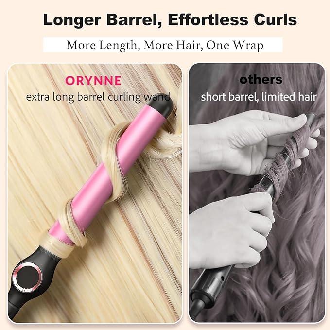1.25 Inch Curling Wand for Long Hair, Extra Long Barrel Ceramic Hair Wands, 7 Adjustable Heats, 110-240V Dual Voltage Thick Wand Curling Iron, 60 Minutes Auto Shut Off