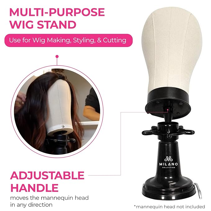 Milano Collection Deluxe Wig Styling Kit, 12” Silicone Mannequin Head with Suction Table Stand and 30 T-Pins; Scalp Illusion Duo, Hot Air Brush, Gentle Brush, and Teasing Comb For Wig Styling