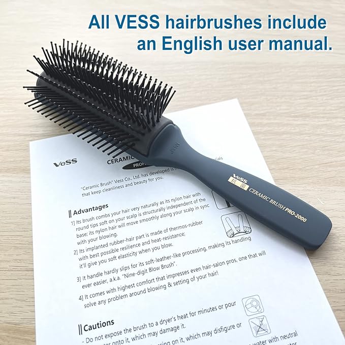 Vess Professional Hair Blow Brush Pro-2000 Ceramic 9 rows Wide Type-English Instruction Manual-Made in Japan
