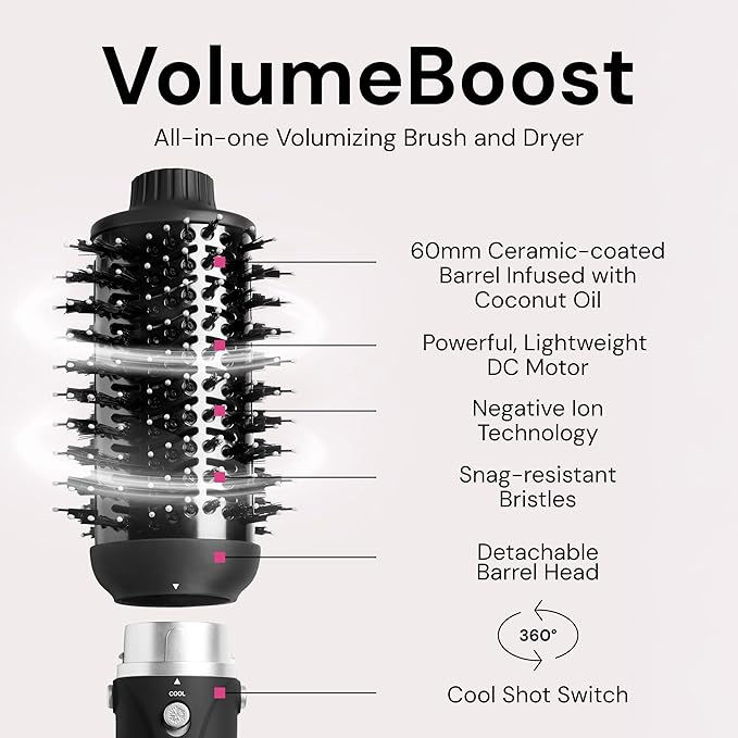 L'ANGE HAIR VolumeBoost 60mm 2-in-1 Ceramic Volumizing Brush Dryer | Fast Drying & Styling for Frizz-Free, Voluminous Blowouts | Ceramic-Coated Barrel (Black)