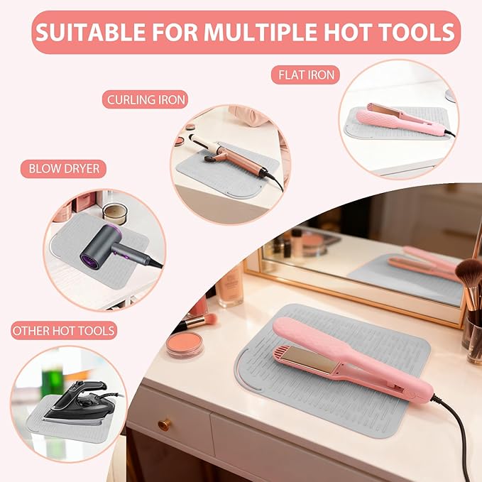Large Silicone Heat Resistant Mat, Portable Travel Hot Hair Tools Holder Pad for Curling Iron, Flat Iron, Hair Straightener and Other Styling Tools(12.0" x 9.0")