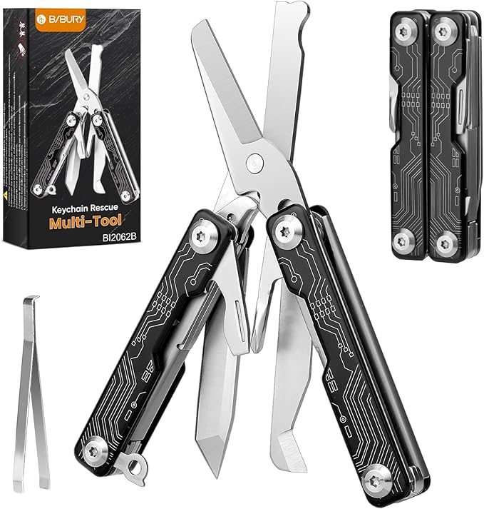 BIBURY Mini Keychain Multitool Scissors B12062B, 9 in 1 Multitool EDC Scissors - Image 9