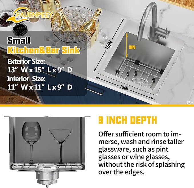 Small Kitchen Sink, 13x15 Inch Bar Sink Stainless Steel Drop In Small Kitchen - Image 3
