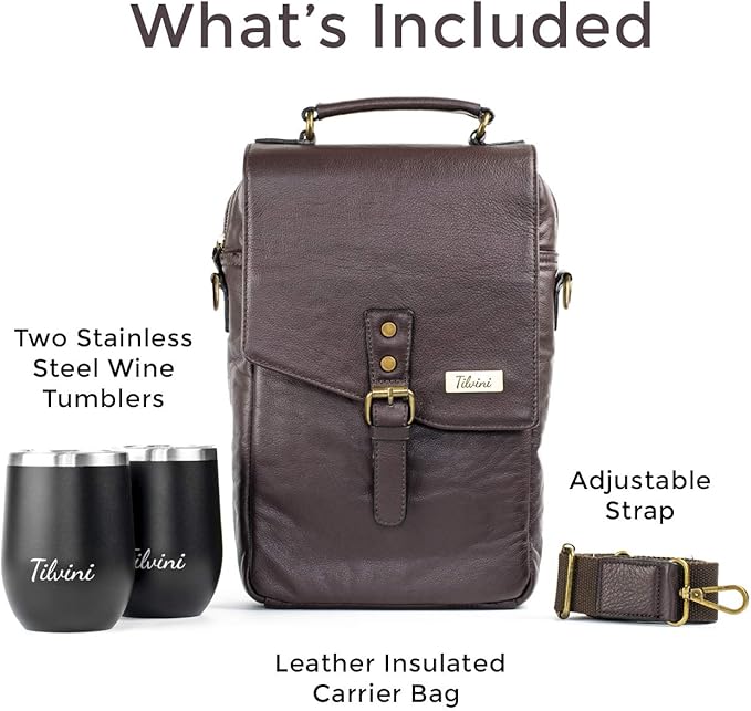Insulated Leather Wine Bag & 2 Wine Tumblers Set. Leather Wine Bottle Carrier - Image 6