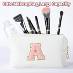 MSQ Personalized Makeup Bag Initial A-Z Patch Bag, PU Leather Cosmetic Bag Pouch Travel Toiletry Bag with Zipper, Gift Ideal for Teen Girls Friend Mom Women Birthday(White A)